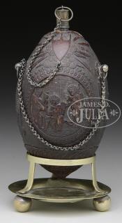 Appraisal: CARVED COCONUT POWDER FLASK First half th century Napoleonic This