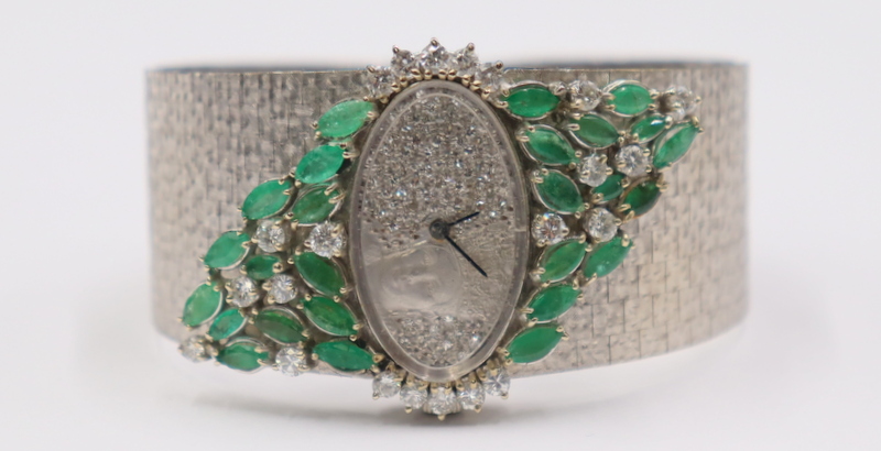 Appraisal: JEWELRY Vintage Omega kt White Diamond and Emerald Bracelet Watch