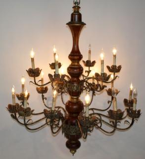 Appraisal: Large scale light -tier chandelier Turned wood center shaft with