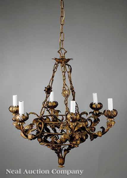 Appraisal: An Antique Italian Gilt Metal Six-Light Chandelier c petal-form corona