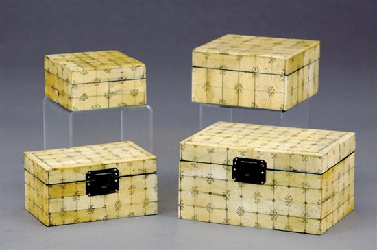 Appraisal: Four etched bone boxes square and rectangular forms decorated with