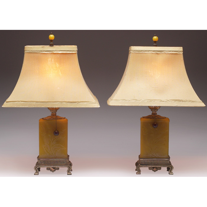 Appraisal: Unusal Steuben lamps pair rectangular shape with molded leaves in