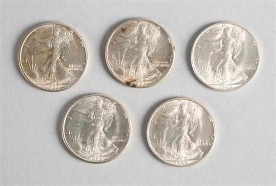 Appraisal: Five United States Walking Liberty silver half dollars - comprising