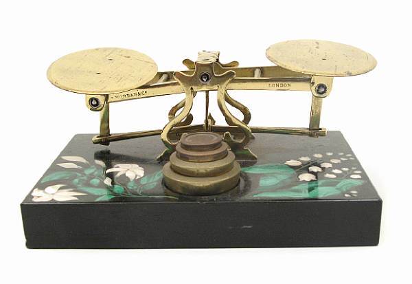 Appraisal: A set of brass scales with pietra dura base height