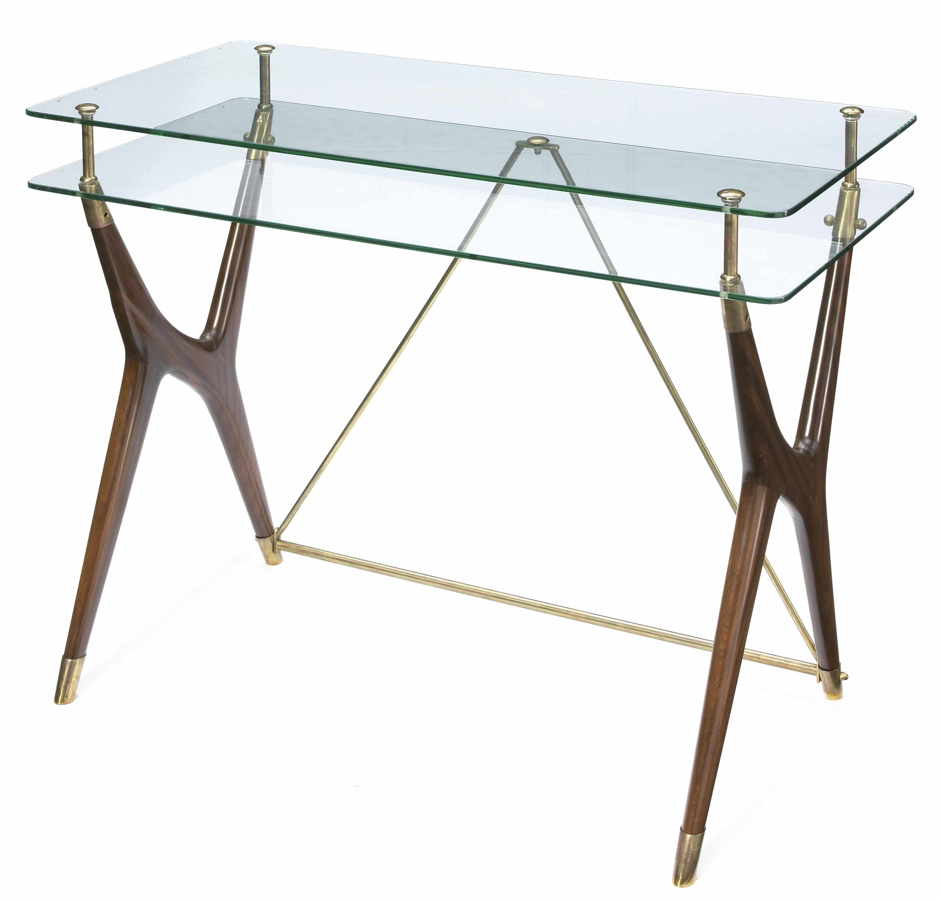 Appraisal: An Italian walnut brass and glass two tiered table circa