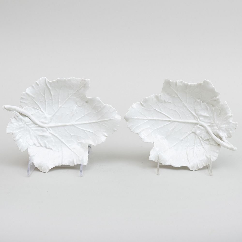 Appraisal: Pair of Berlin White Porcelain Leaf Shaped Dishes Blue scepter