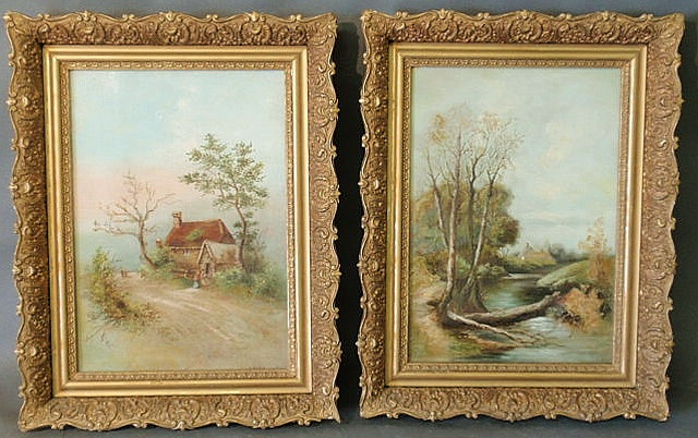 Appraisal: Pair of English oil on canvas landscape paintings of country