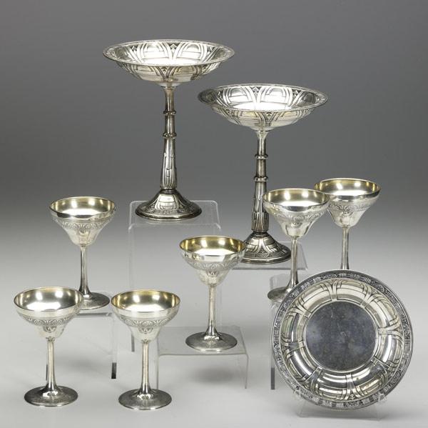 Appraisal: AMERICAN SILVER Nine pieces six goblets with anthemion borders together