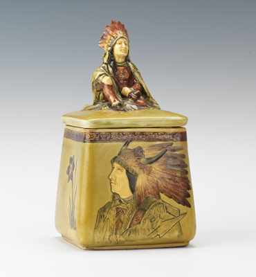 Appraisal: A Majolica Indian Motif Humidor Ceramic with high gloss polychrome