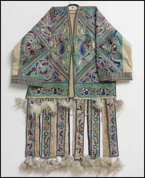 Appraisal: CHINESE EMBROIDERED COTTON SHAMAN'S COAT Bearing applied beads and feathers