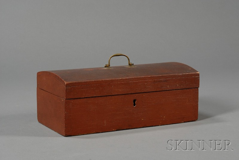 Appraisal: Red-painted Pine Dome-top Box America early th century wire-hinged lid