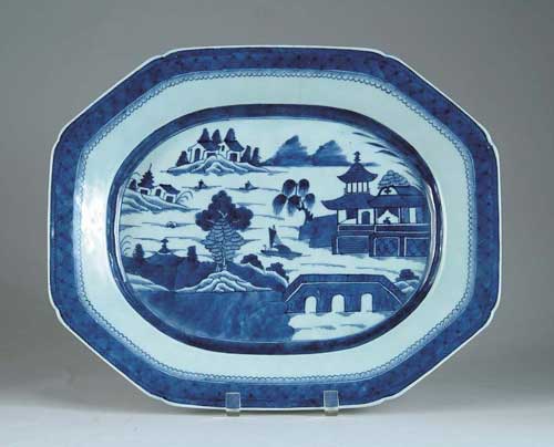 Appraisal: CUT CORNER RECTANGULAR CANTON PLATTER Blue and white standard design