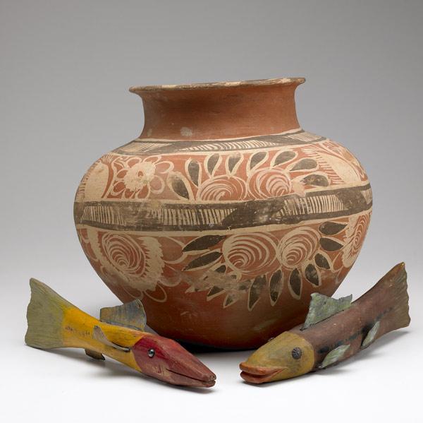 Appraisal: ASSORTED DECORATIVE ITEMS South American gourd-shaped pottery vase along with