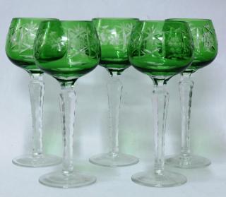 Appraisal: Bohemian Cut Colored Crystal Hock Glasses The vivid green bowls