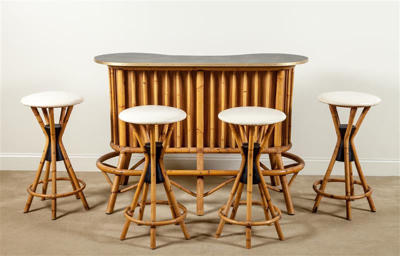 Appraisal: Bar and Four Stools c Rattan vinyl x x in