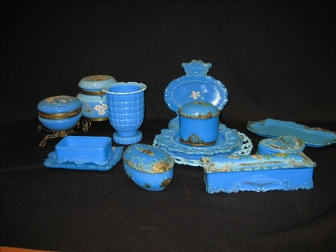 Appraisal: LOT BLUE GLASS DRESSER PIECES