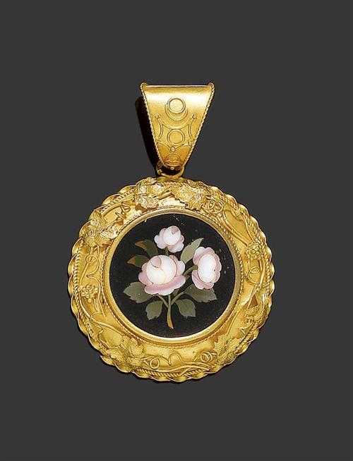 Appraisal: GOLD PIETRADURA MEDALLION PENDANT Florence ca Yellow gold Charming round