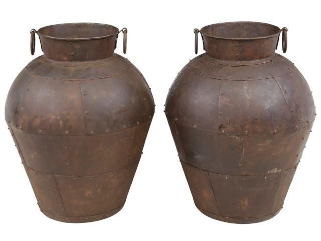 Appraisal: pair Large riveted iron floor vases th c with two