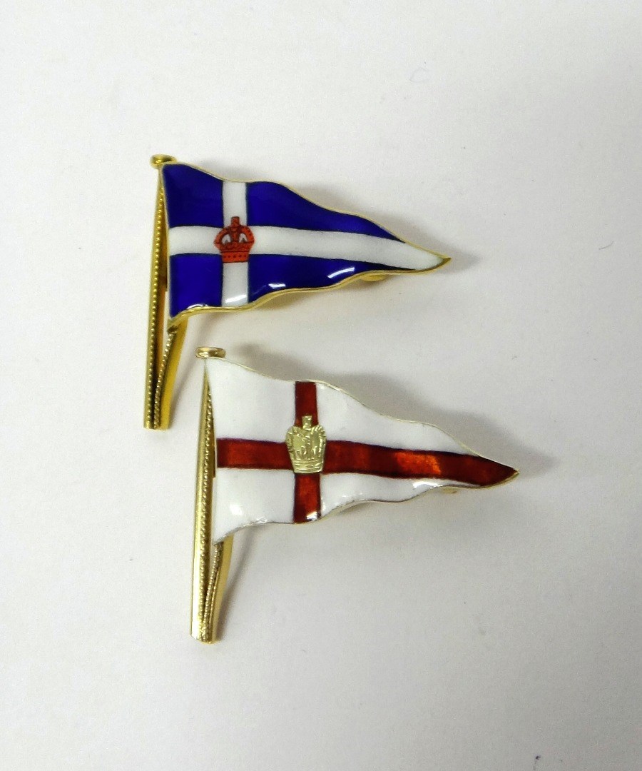 Appraisal: Two ct gold and enamelled brooches designed as yachting pennants