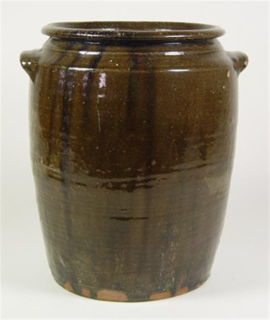 Appraisal: American Redware Crock th Century Manganese glaxed with applied handles