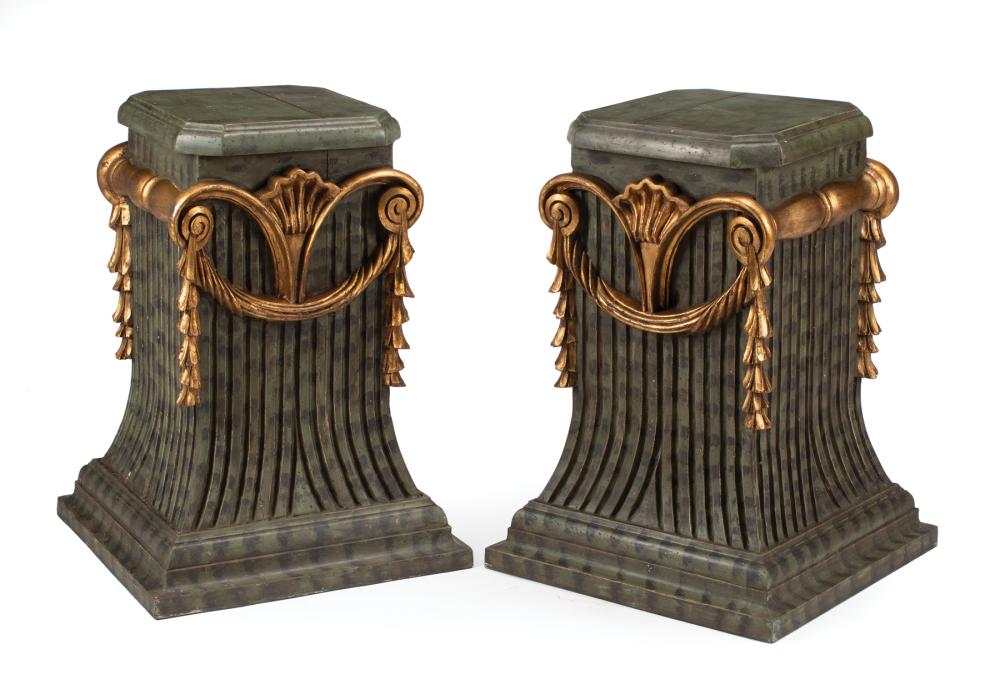 Appraisal: Pair of Classical-Style Verdigris Painted and Parcel Gilt Pedestals squared