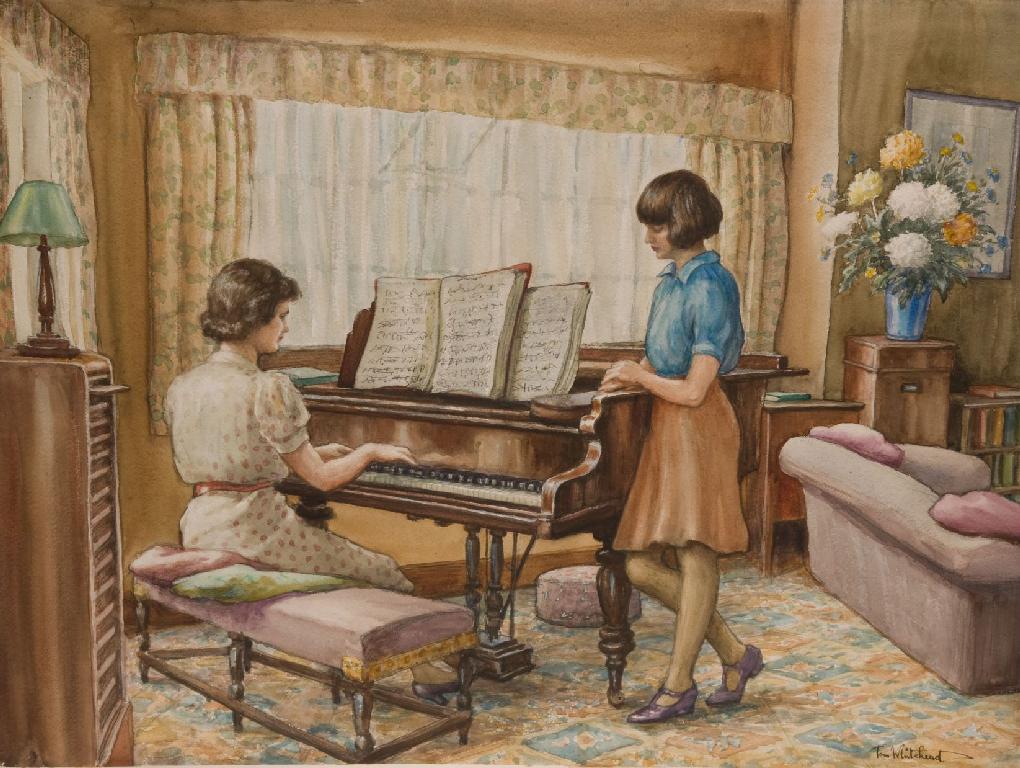 Appraisal: TOM WHITEHEAD - INTERIOR WITH A WOMAN PLAYING THE PIANO