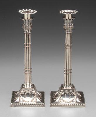 Appraisal: Pair Old Sheffield plate candlesticks each with cluster column post