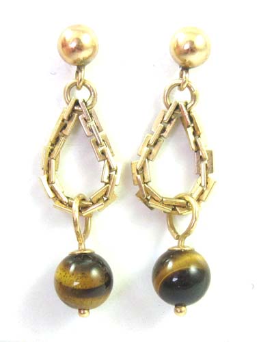 Appraisal: PAIR OF TIGER'S EYE DANGLE EARRINGS each k yellow gold