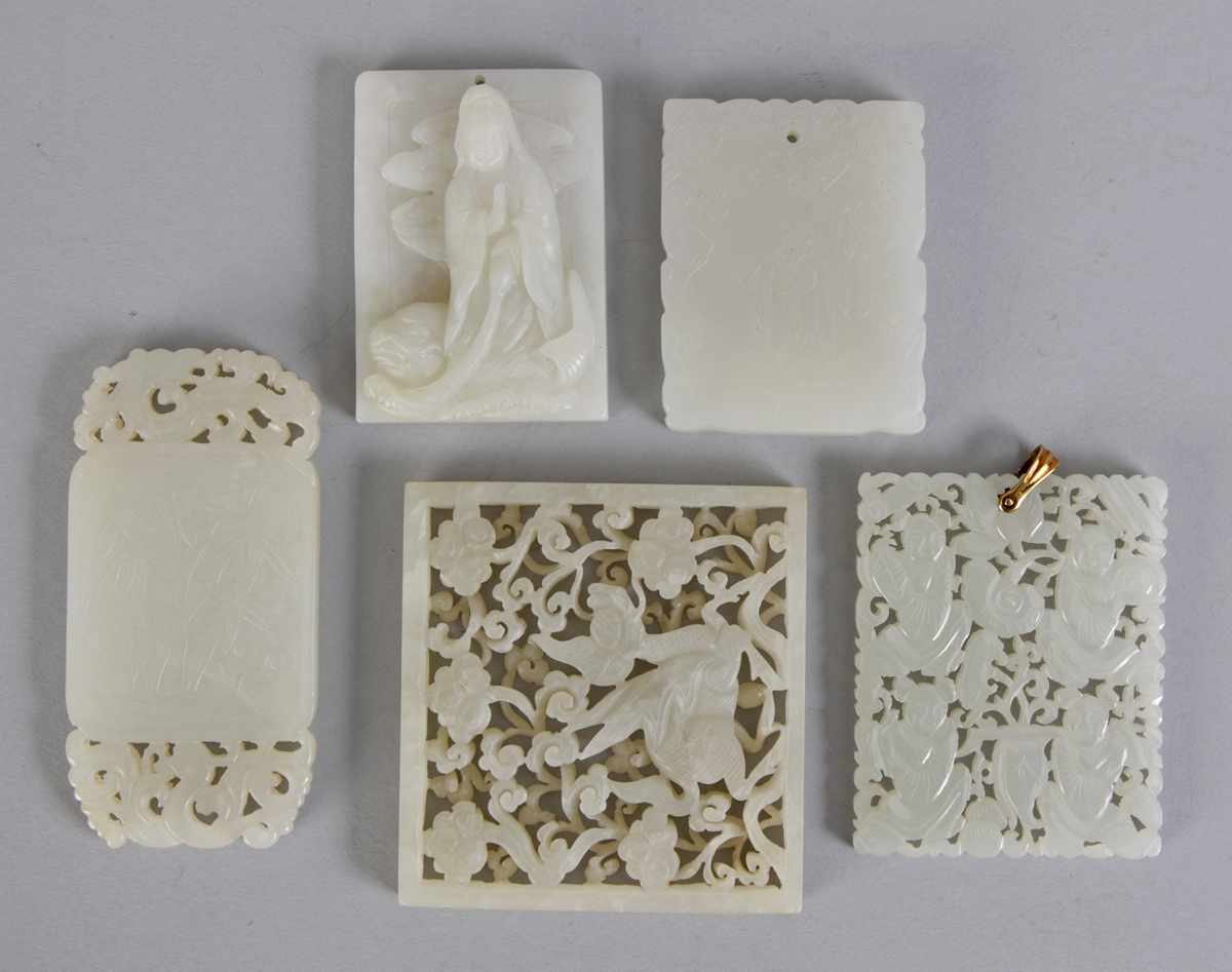 Appraisal: Group of Carved Jade Pendants Plaques Clockwise from left Bamboo