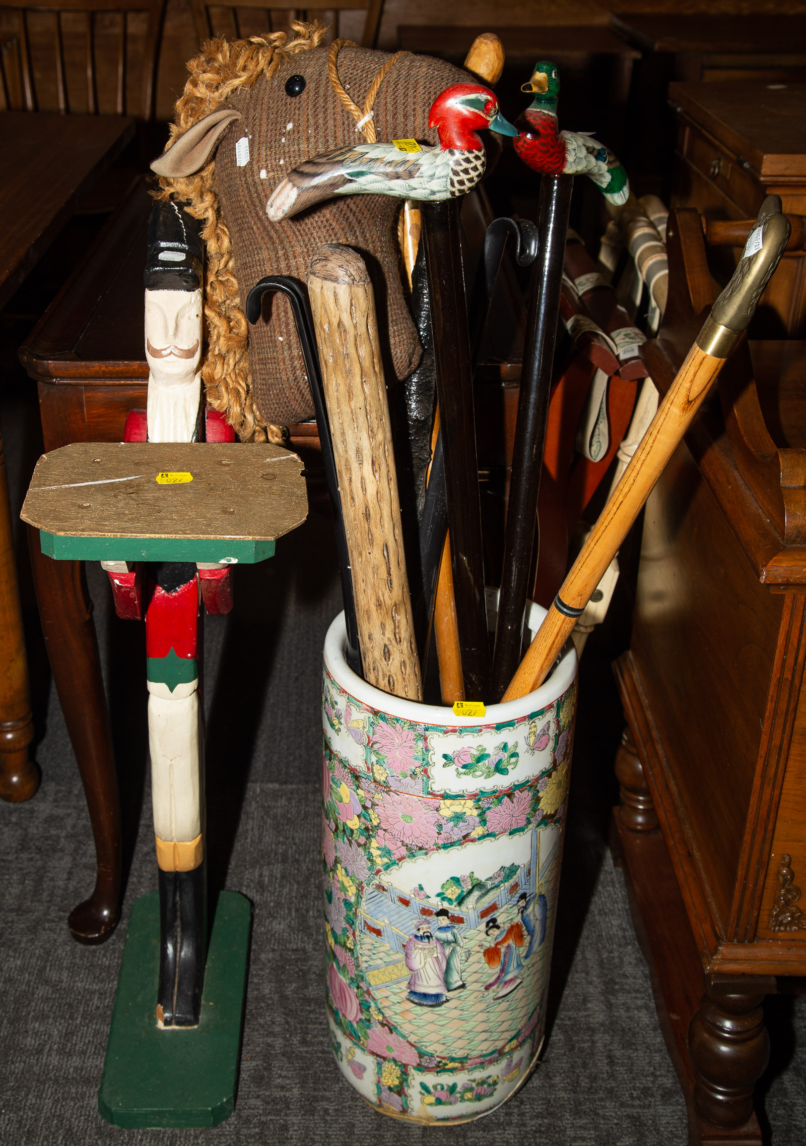 Appraisal: ASSORTED CONTEMPORARY WALKING STICKS With modern Chinese Rose Medallion porcelain