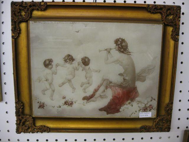 Appraisal: Victorian Reverse Image on Glass of maiden cherubs x