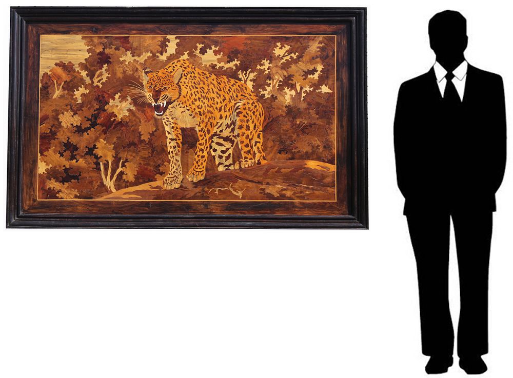 Appraisal: Monumental French Marquetry Jaguar Panel Monumental French Marquetry Jaguar Panel