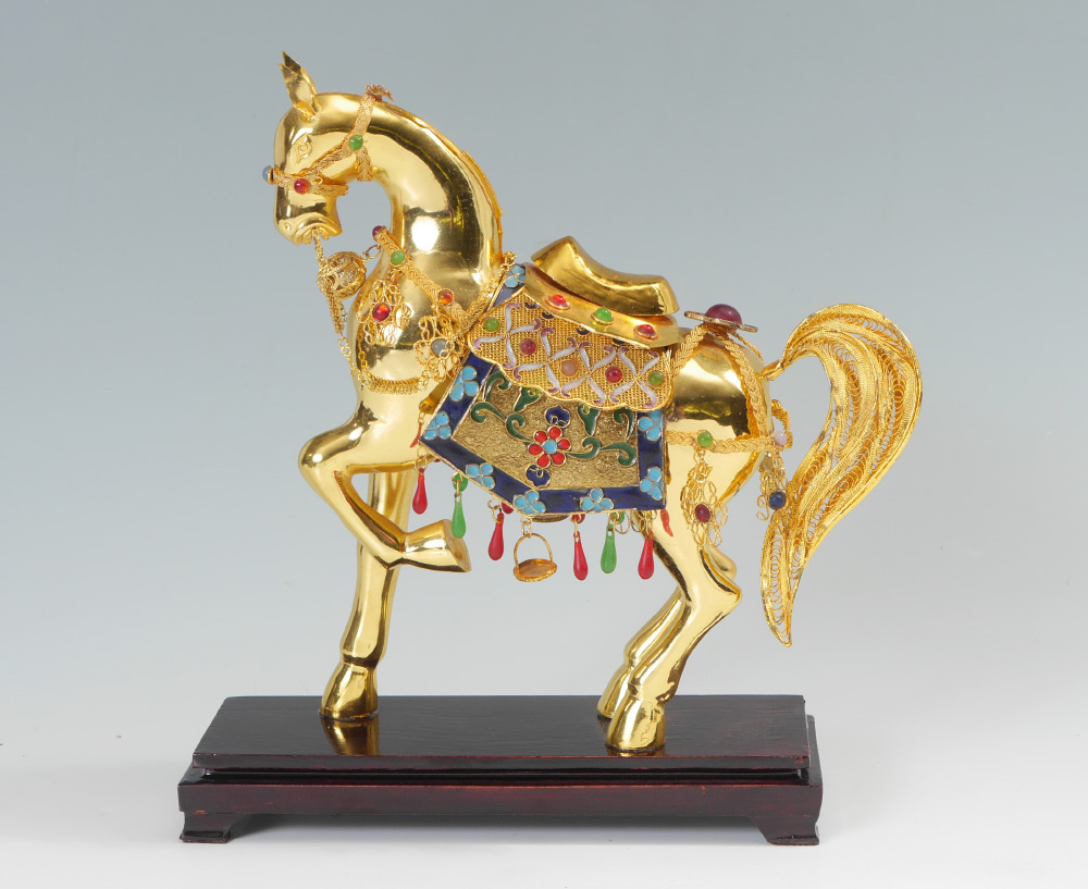 Appraisal: CHINESE ENAMELED GILT SILVER HORSE Figure of a gilt metal