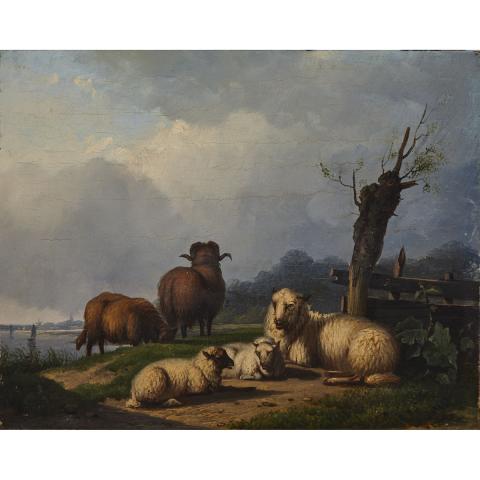 Appraisal: Pieter Plas - SHEEPING RESTING BY A RIVER BANK Dutch