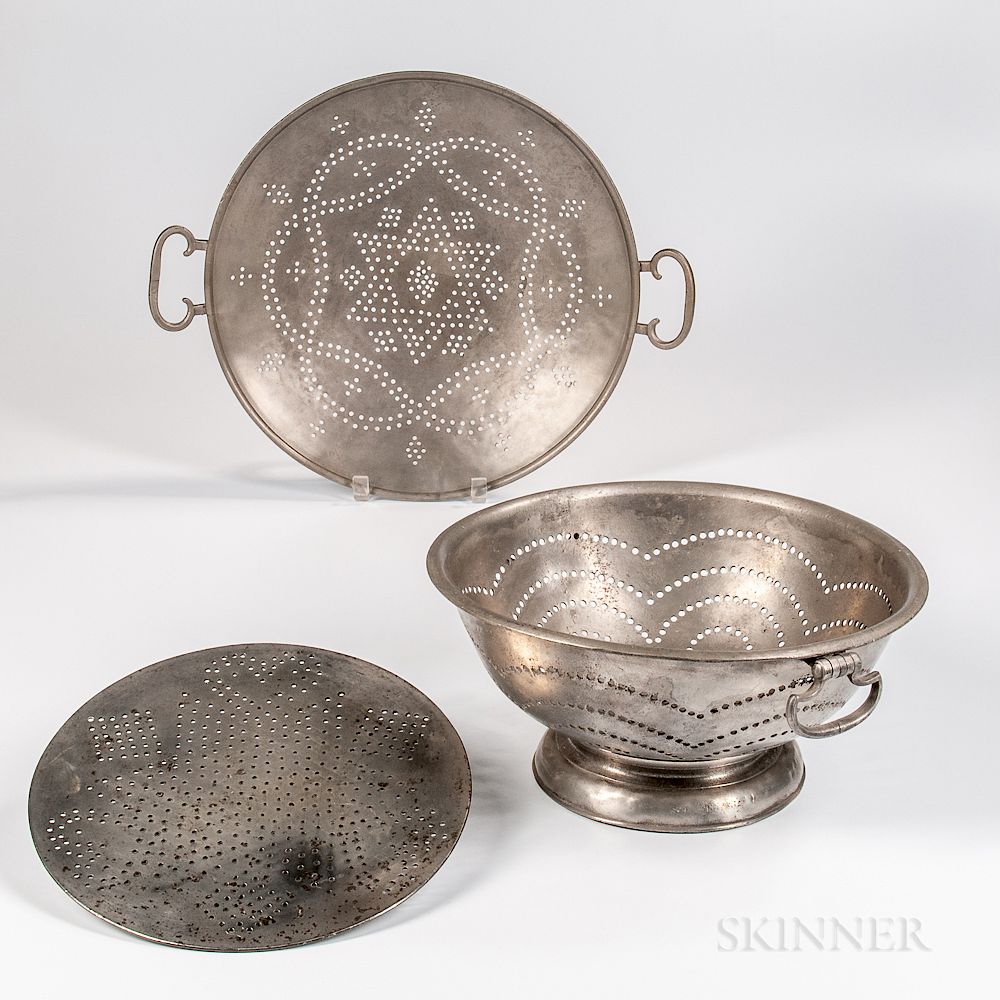 Appraisal: Early Pewter Colander and Two Pierced Strainers Early Pewter Colander