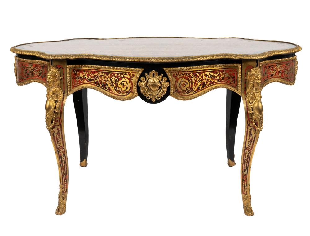 Appraisal: BOULLE-STYLE INLAID SALON TABLEwith one drawer inches wide inches deep