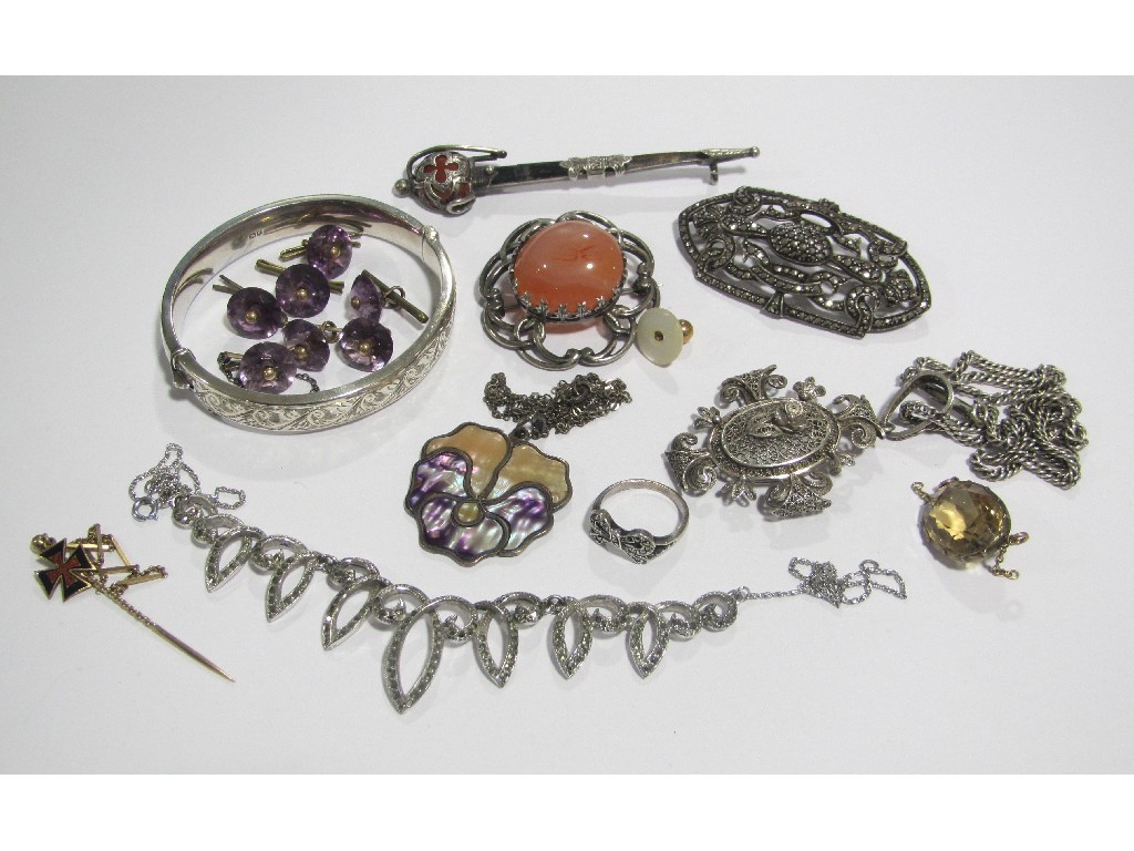 Appraisal: Lot of silver items to include two agate set brooches