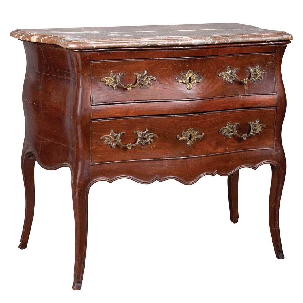 Appraisal: Continental Rococo Style Marble Top Fruitwood Commode Height inches width