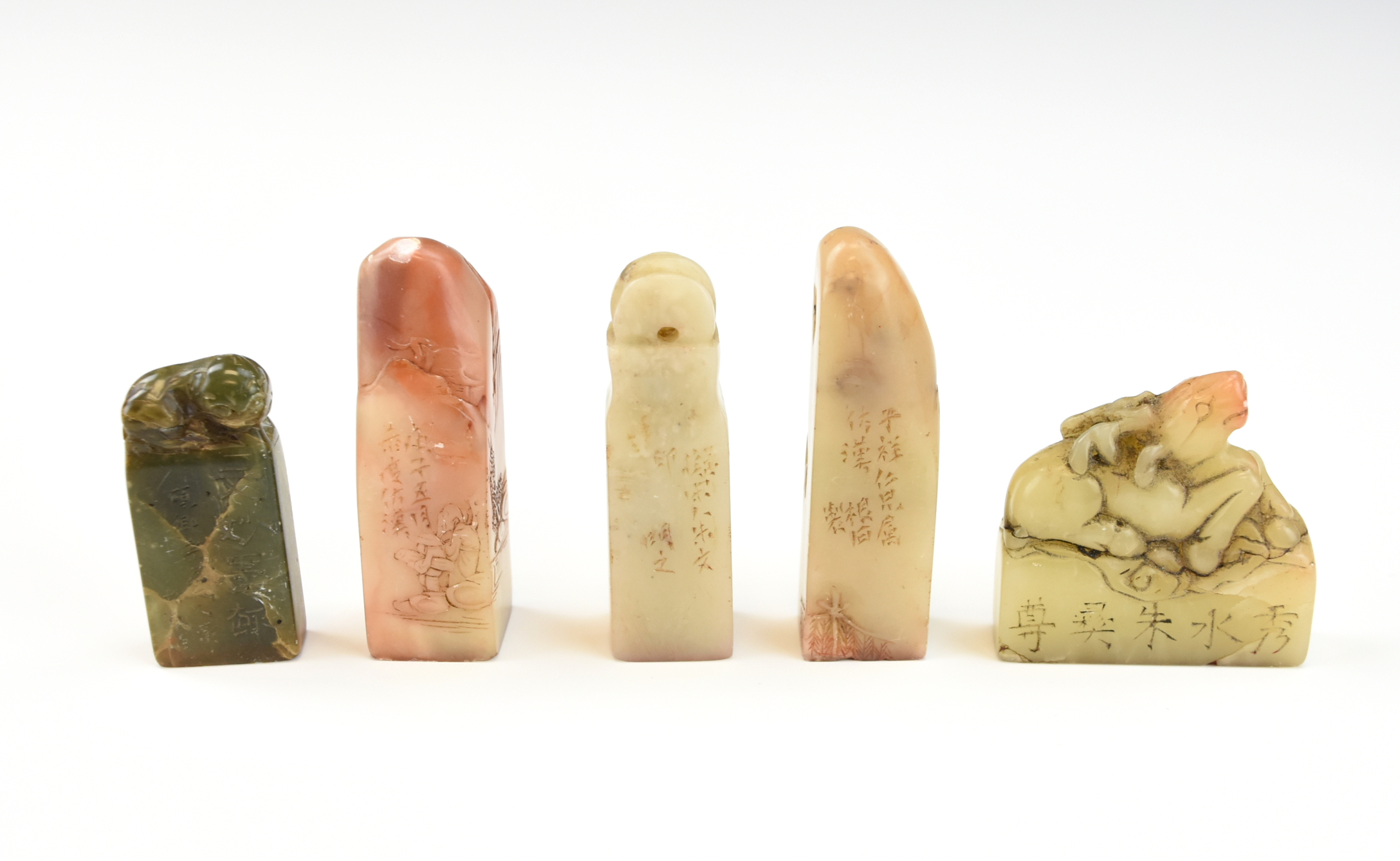 Appraisal: GROUP OF FIVE CHINESE SOAPSTONE SEALS carved in soap stones