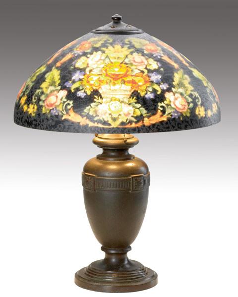 Appraisal: HANDEL Table lamp with a textured-glass reverse-painted shade with multicolored