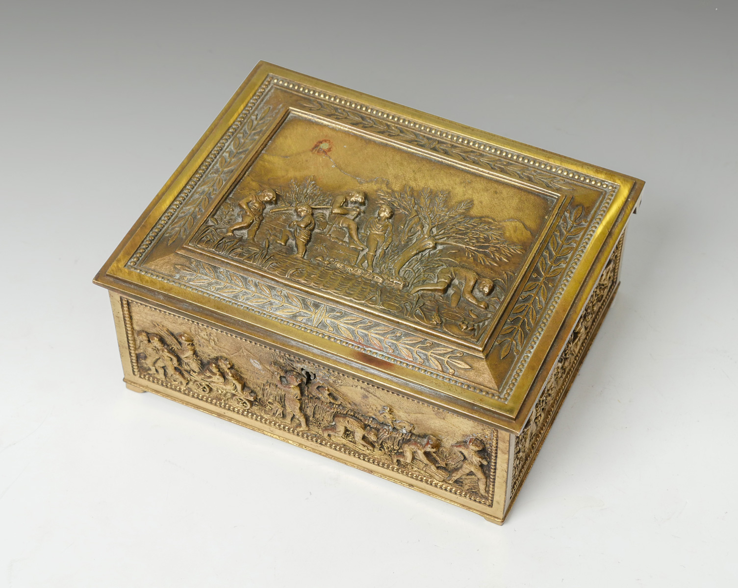 Appraisal: EMBOSSED FIGURAL BRONZE BOX Bronze gilt box with panels having