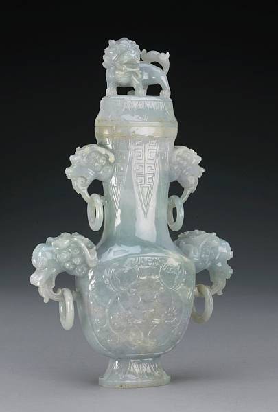 Appraisal: A mottled jadeite handled vase Late Qing Republic Period Its