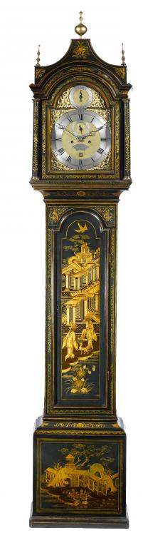 Appraisal: A GEORGE II JAPANNED LONGCASE CLOCK the brass break arched