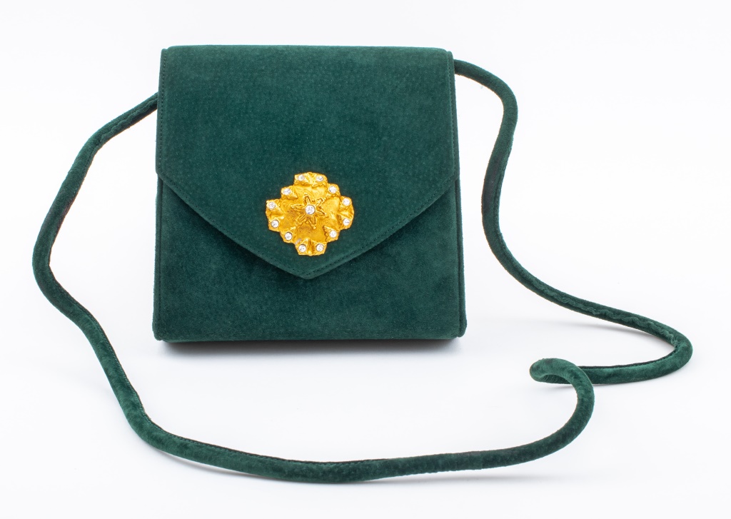 Appraisal: DANIEL SWAROVSKI CRYSTAL MOUNTED GREEN SUEDE PURSE Daniel Swarovski Austrian