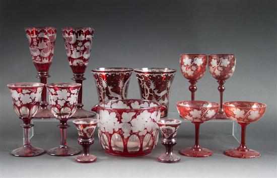 Appraisal: Bohemian ruby etched-to-clear glass assembled -piece partial wine stem service