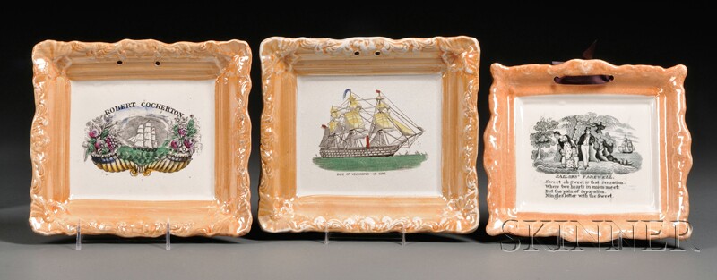 Appraisal: Three Sunderland Orange Lustre Transfer-decorated Pottery Marine Plaques England early