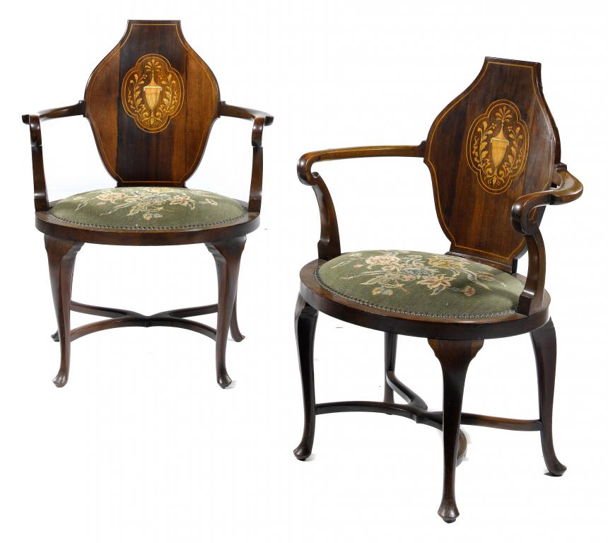 Appraisal: A PAIR OF EDWARD VII INLAID MAHOGANY OPEN ARMCHAIRS with