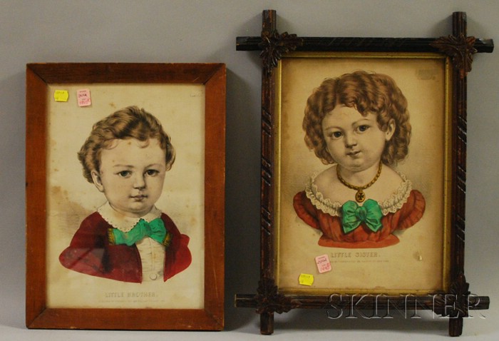 Appraisal: Two Framed Currier Ives Hand-colored Lithographs and a Primitive Oil