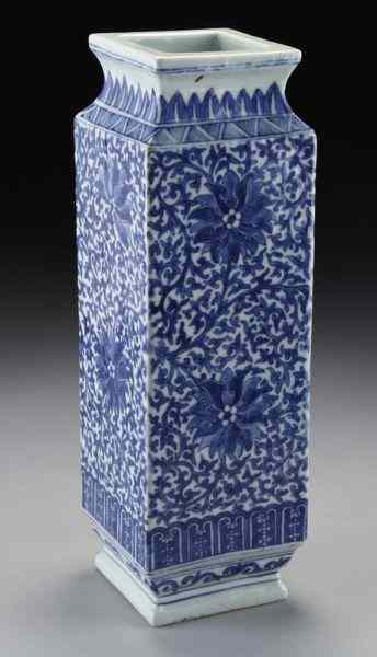 Appraisal: Chinese Qing Daoguang blue and white porcelainsquare vase depicting lotus