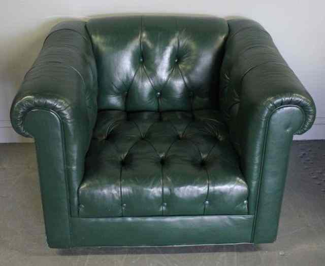 Appraisal: Pair of Green Leather Chesterfield Style Chairs From a Riverhead